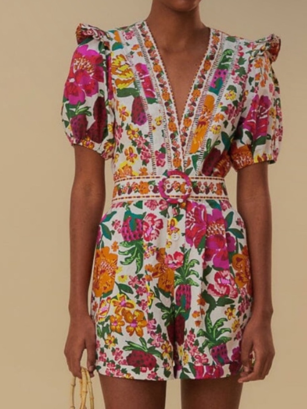 FARM Rio Cream Floral V-Neck Puff Sleeve Romper with Belt